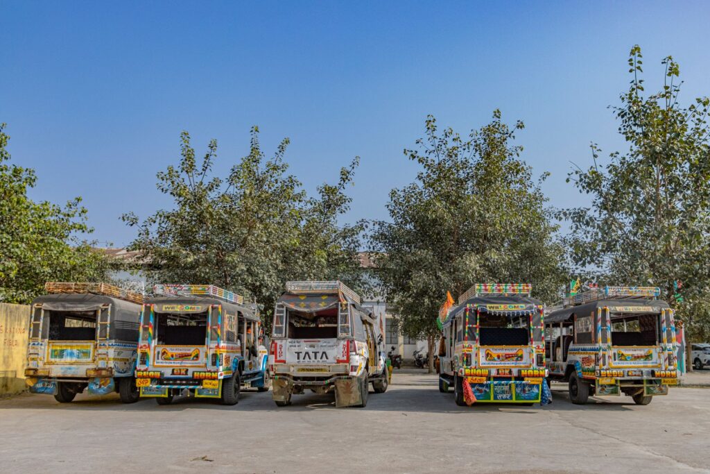 Brightly colored shared taxis parked in Hazaribagh, showcasing Indian vehicle art.