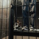 Inmate reading a book inside a prison cell while another stands nearby.