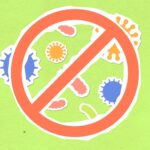 Overhead view of cutout paper composition representing forbidding symbol and different bacteria on green background