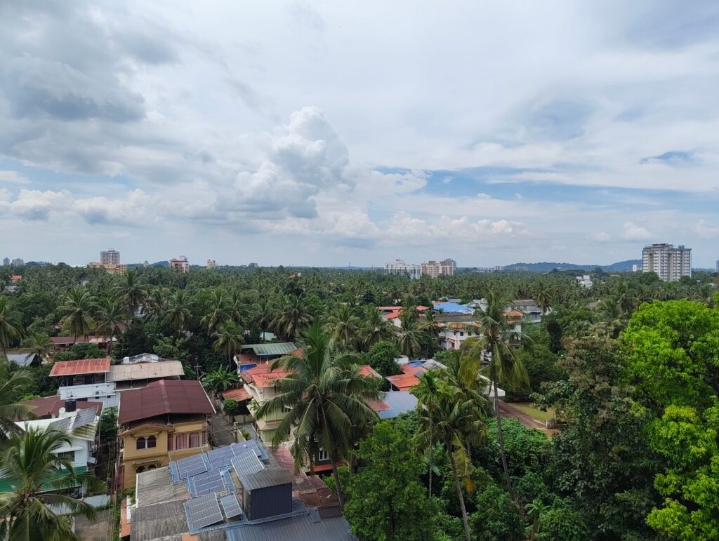 Aerial view of palm trees and rooftops in Thrissur, India, under a cloudy sky.