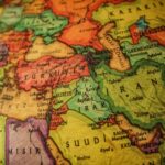 Close-up of a colorful map depicting countries of the Middle East.