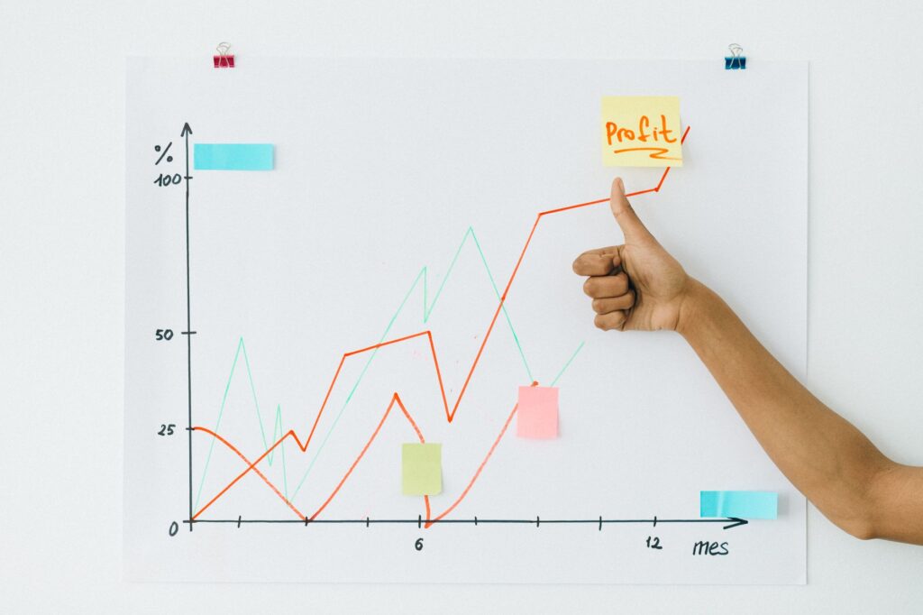 A hand giving thumbs up next to profit chart on a whiteboard, indicating success.