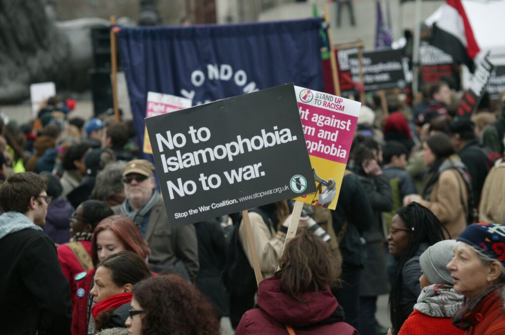 Protest against Islamophobia and war in London, organized by Stop the War Coalition.