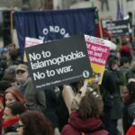 Protest against Islamophobia and war in London, organized by Stop the War Coalition.