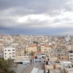 Aerial view of Qalqilya's urban cityscape under dramatic clouds, showcasing diverse architecture.