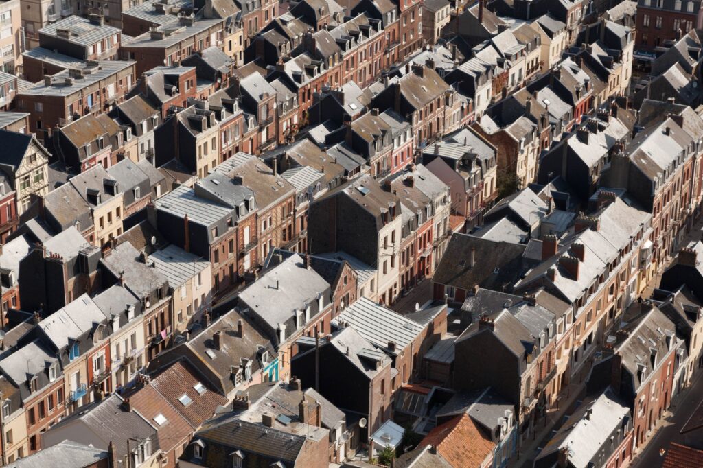 Aerial view of charming residential rooftops in Le Tréport, Normandie, France.