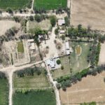 An aerial perspective of lush green and dry fields in Punjab, Pakistan.