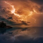 Stunning scene of lightning striking over a small islet at sunset, reflected in calm waters.