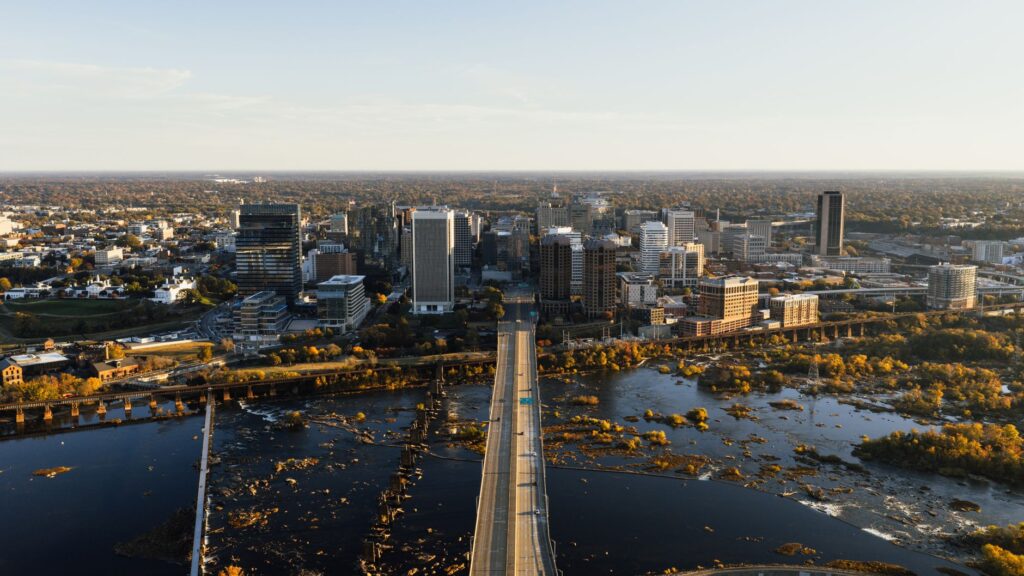 Explore an aerial perspective of the iconic Richmond, Virginia skyline during the day.