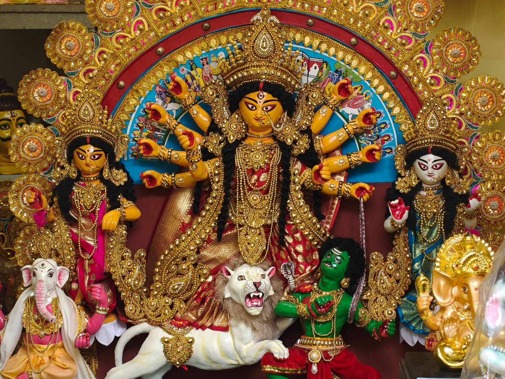 Stunning Durga Puja idol displaying traditional artistry and vibrant colors in Kolkata.