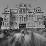 Crowds gather at a beautifully decorated pandal during Durga Puja in Kolkata, India.