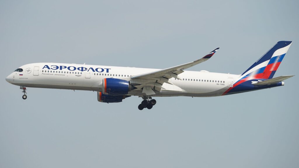 Aeroflot Airbus A350 aircraft flying in clear skies.