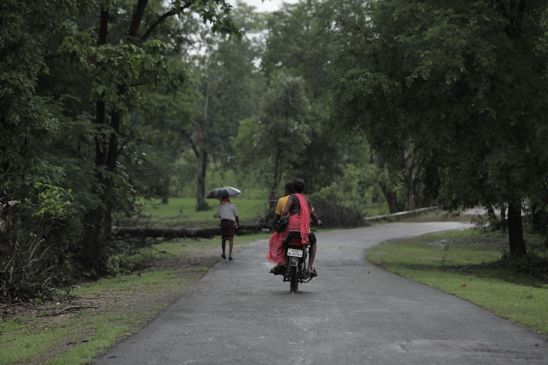 A motorbike ride and pedestrian walk through lush forests in Jhiriya Kalan, Chhattisgarh, capturing serene monsoon vibes.