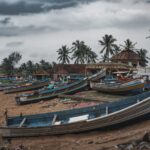 Charming view of a tropical coastal village with colorful fishing boats and lush palm trees.