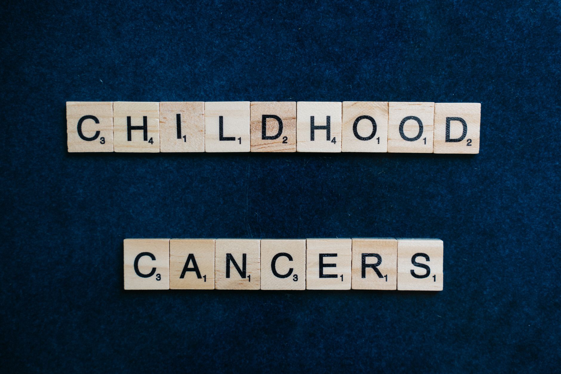 Scrabble tiles arranged to spell 'Childhood Cancers' on a dark blue background.