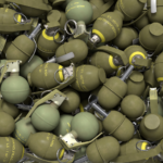 High-resolution image of olive green military hand grenades in a pile, showcasing industrial design.