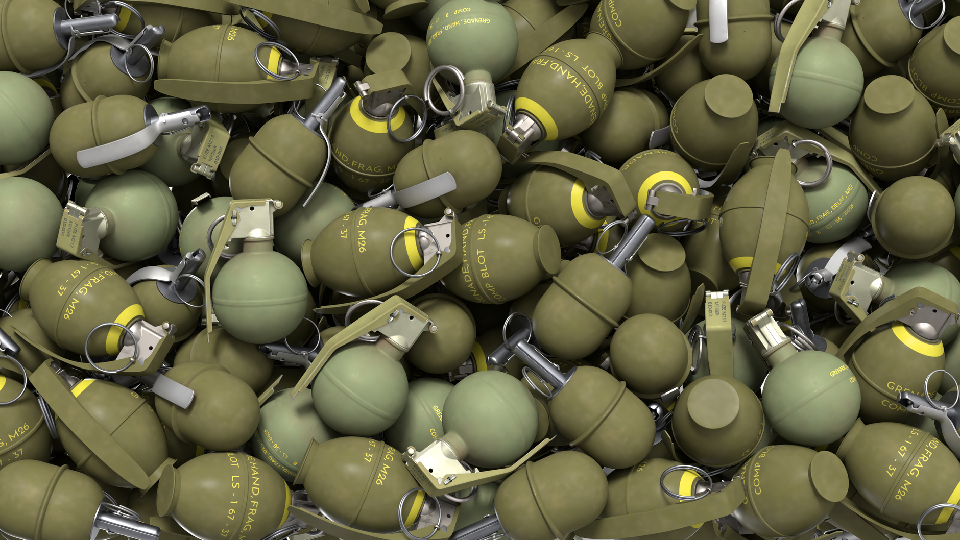 High-resolution image of olive green military hand grenades in a pile, showcasing industrial design.