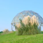 A geodesic glass dome set amidst lush summer foliage in Nagoya, Japan.