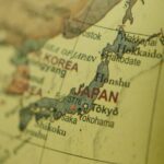 Close-up of a vintage map highlighting Japan and Korea with a selective focus.
