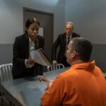 A tense interrogation scene in a prison room with officials and a prisoner.
