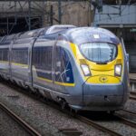 A modern high-speed train entering a city station, emphasizing speed and technology.