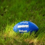A bright blue Wilson football resting on a lush green grass field, illuminated by sunlight.