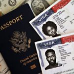 United States passport with visas and currency, showcasing travel essentials.