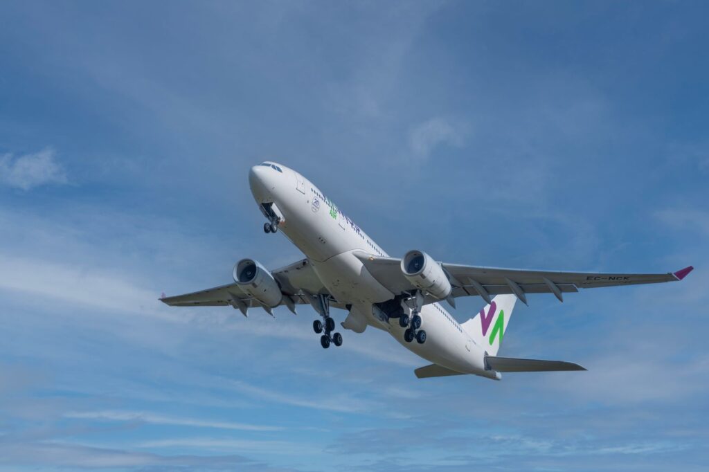 Airplane soaring against blue sky in Auckland, New Zealand.